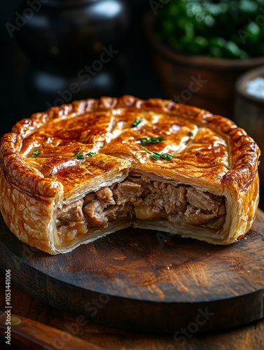 A sliced savory meat pie on a wooden board. photo