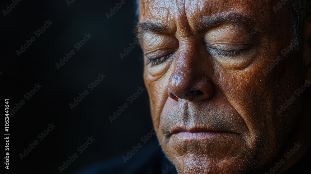 A man with a wise demeanor reflects on life as soft shadows emphasize his features. His downcast eyes evoke nostalgia, creating a profound, introspective atmosphere filled with experience. A man with a wise demeanor reflects on life as soft shadows emphasize his features. His downcast eyes evoke nostalgia, creating a profound, introspective atmosphere filled with experience.