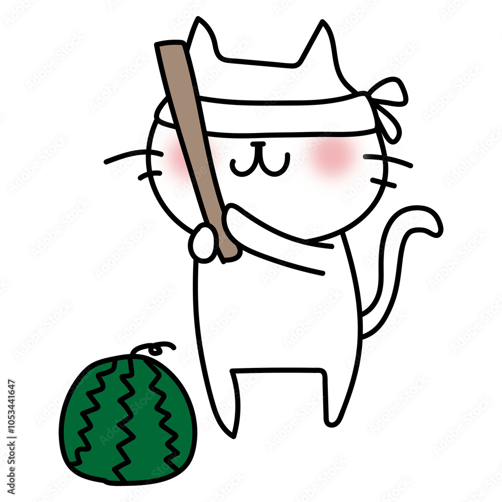 Obraz premium スイカ割りをする白い猫