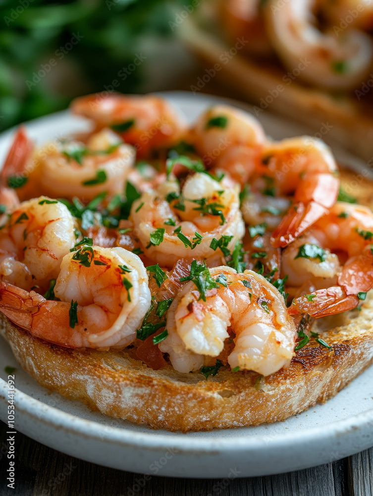 Shrimp bruschetta with herbs on toasted bread. Shrimp bruschetta with herbs on toasted bread.
