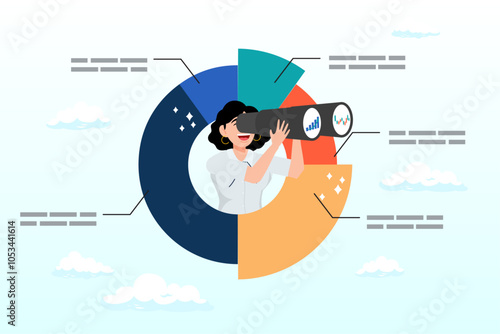 Businesswoman on pie chart looking thorough binoculars, marketing strategy, data analysis chart and graph, financial forecast or stock market diagram, research data or investment planning concept