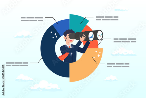 Businessman on pie chart looking thorough binoculars, marketing strategy, data analysis chart and graph, financial forecast or stock market diagram, research data or investment planning concept