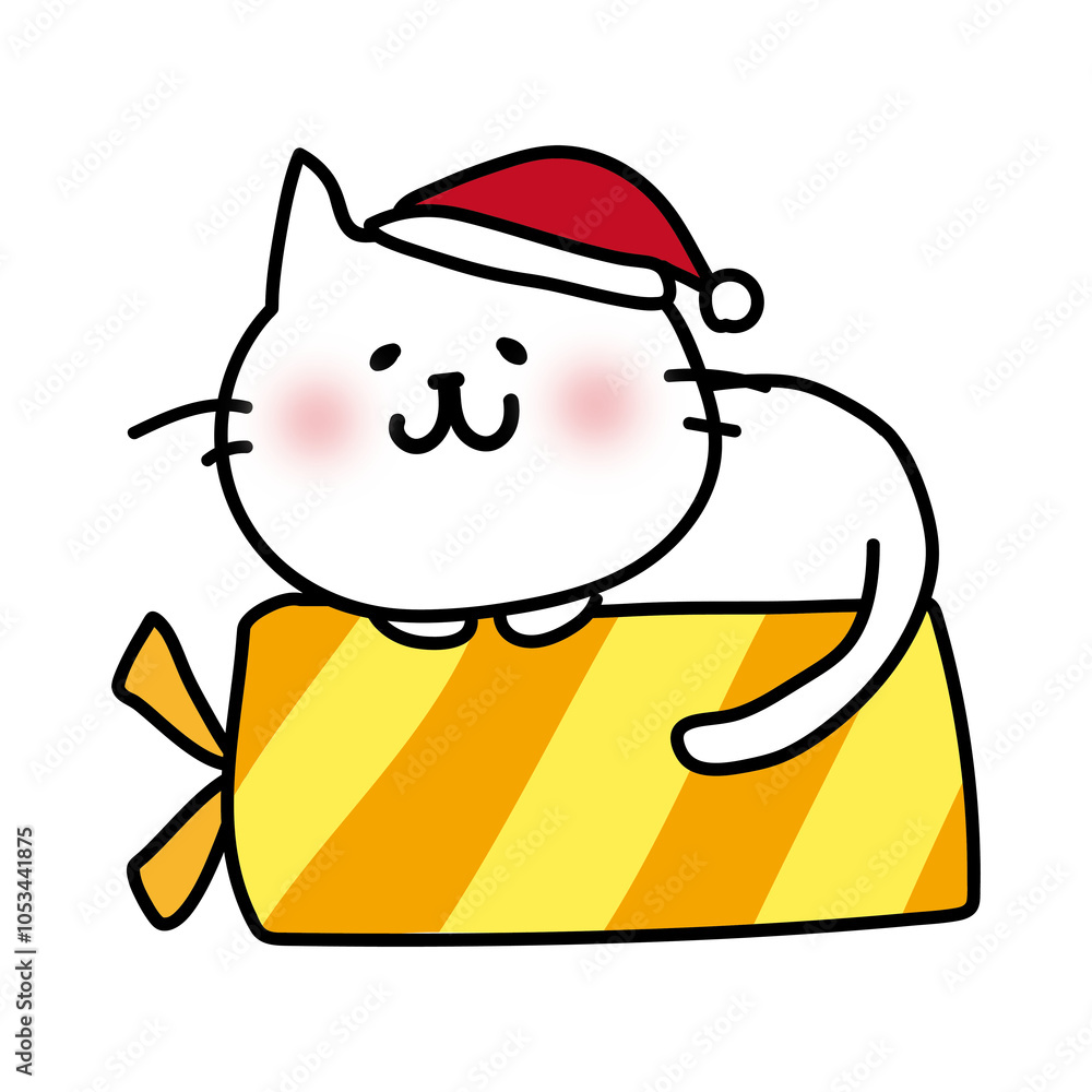 クリスマスプレゼントの上でまるくなる白い猫 クリスマスプレゼントの上でまるくなる白い猫