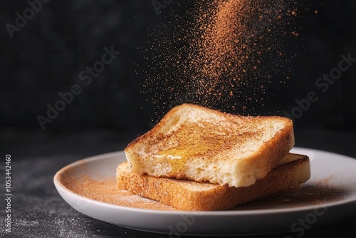 Close-up of cinnamon being sprinkled on a slice of warm toast with butter melting into the bread, Cinnamon toast, Simple and nostalgic