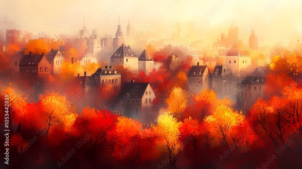 Fototapeta premium Soft focus on autumn foliage outside a city apartment window, warm-toned colors ideal for a calm, cozy seasonal background