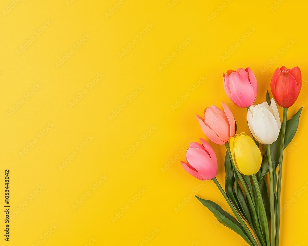 Colorful Tulips on Bright Yellow Background Colorful Tulips on Bright Yellow Background