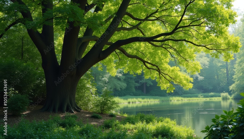 Tranquil waterscape with a grand tree and lush greenery Tranquil waterscape with a grand tree and lush greenery