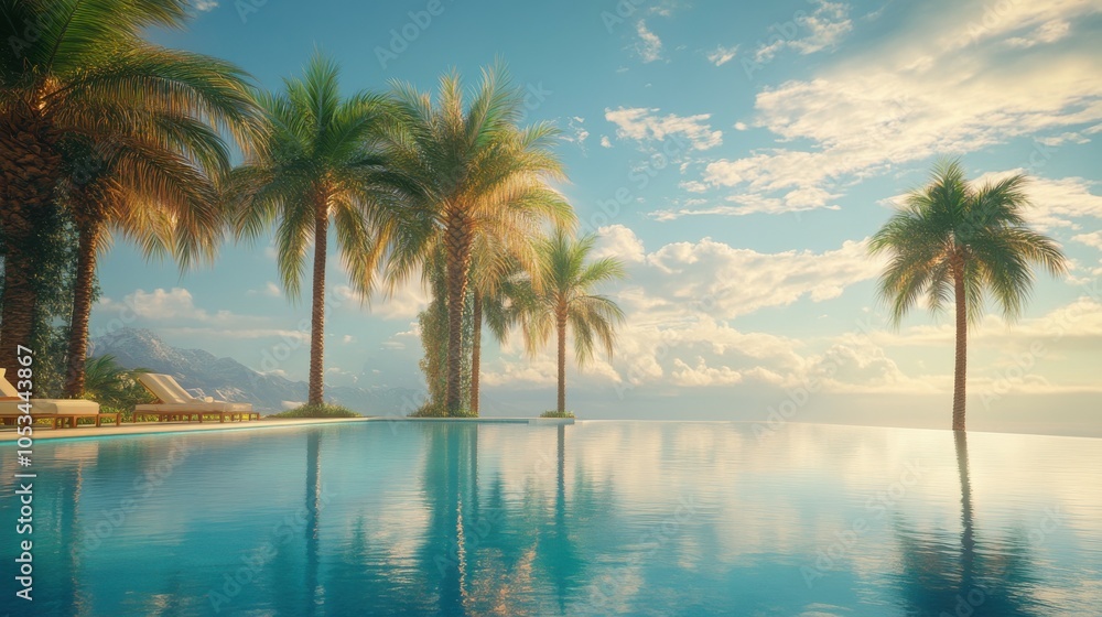 Palm trees reflected in a calm swimming pool at a tropical resort, 4K hyperrealistic photo Palm trees reflected in a calm swimming pool at a tropical resort, 4K hyperrealistic photo
