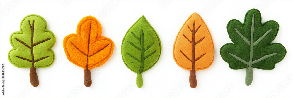 Obraz premium Five felt leaf shapes in green and orange shades, arranged horizontally, with a white background.