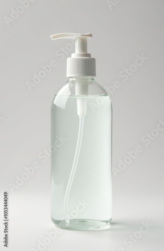 A transparent bottle of liquid soap with a white pump on a gray neutral background, soft lighting, a place for the label.