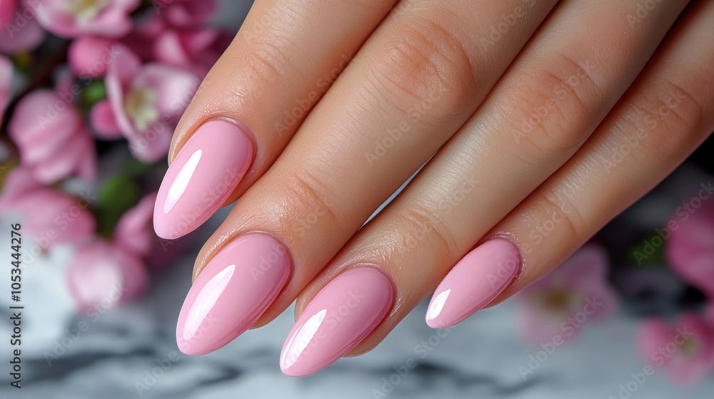 Close-up of elegantly manicured pink nails against a floral background. Close-up of elegantly manicured pink nails against a floral background.