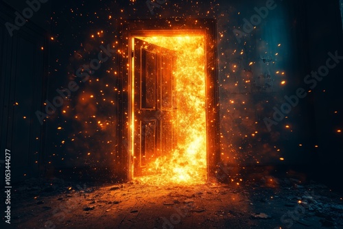 Powerful fire behind the door in the building opening draft explosion sparks flash smoke poison poisoning, blast wave