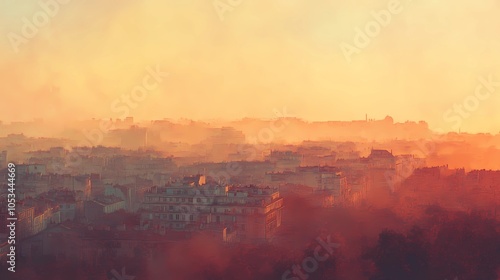 Golden-hued autumn trees outside a window, city skyline visible, with warm sunlight filtering through for a peaceful seasonal background