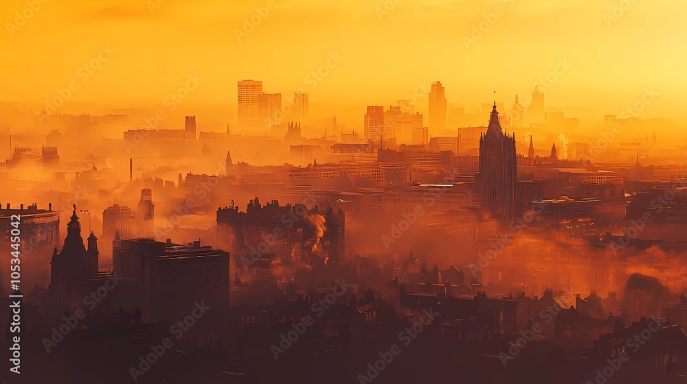 Naklejka premium Golden-hued autumn trees outside a window, city skyline visible, with warm sunlight filtering through for a peaceful seasonal background