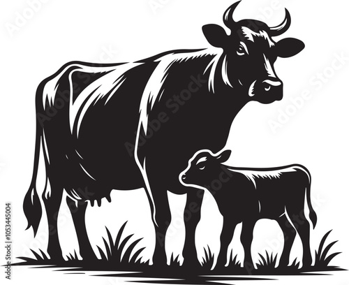 Silhouette Icon of Cow and Calf - Vector Design, White Background.