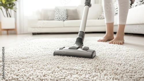 Woman Vacuuming Carpet with Modern Vacuum Cleaner in Living Room