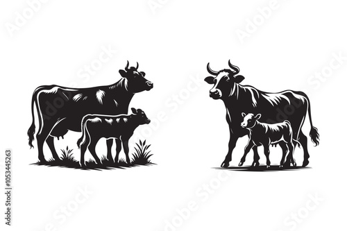 Cow and Calf Icon set Silhouette Vector Illustration on White.