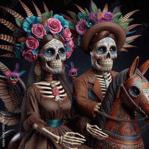 Día de Muertos, decorations of skull and flowers vibrant background photo