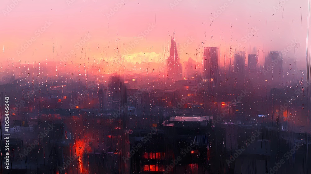 Obraz premium Soft fall colors seen through a window, orange and red leaves alongside city buildings, creating an atmospheric autumnal cityscape