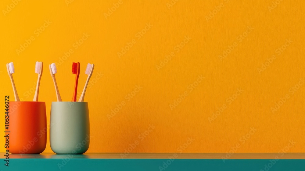 Close-up of colorful toothbrushes with soft bristles for sensitive gums, placed on a vibrant bathroom counter, Soft-bristled toothbrushes, Gentle and effective Close-up of colorful toothbrushes with soft bristles for sensitive gums, placed on a vibrant bathroom counter, Soft-bristled toothbrushes, Gentle and effective