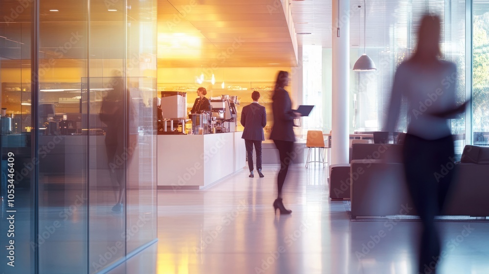 An abstract blurred depiction of a bustling office space filled with natural light, An abstract blurred depiction of a bustling office space filled with natural light,