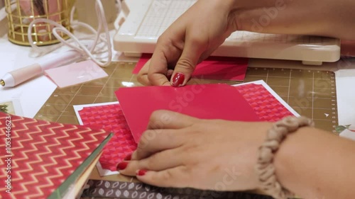 Female hands gluing red festive paper for handmade christmas wish card photo