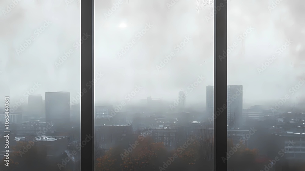 Naklejka premium Soft fall colors seen through a window, orange and red leaves alongside city buildings, creating an atmospheric autumnal cityscape