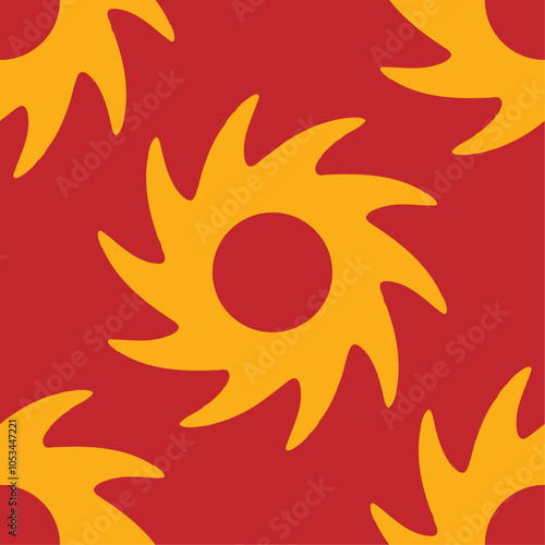 Patrón de estampado de remolinos o cuchillas círculares en amarillo mostaza sobre fondo rojo