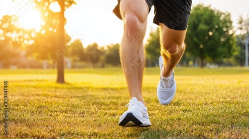 Man jogging in the early morning through a quiet city park, mist hanging low over the grass, and golden sunlight breaking through trees