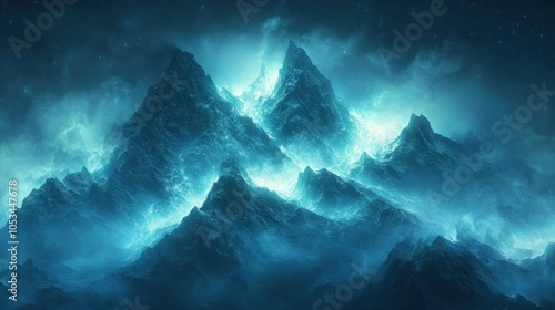 Mystical mountain range with glowing peaks.