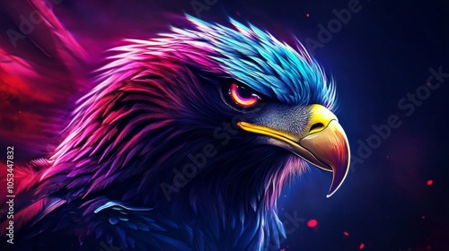 A detailed depiction of an eagle’s head showcasing bright, neon hues.