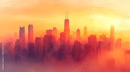 A scenic autumn view from a window, city rooftops and golden leaves under a soft, diffused morning light, seasonal and inviting