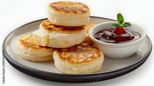 hot toasted crumpets with piece of butter on a plate with strawberry jam. perfect tasty breakfast popular in england, uk with white shades, png