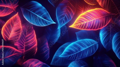 Neon outlines of leaves with a glowing effect