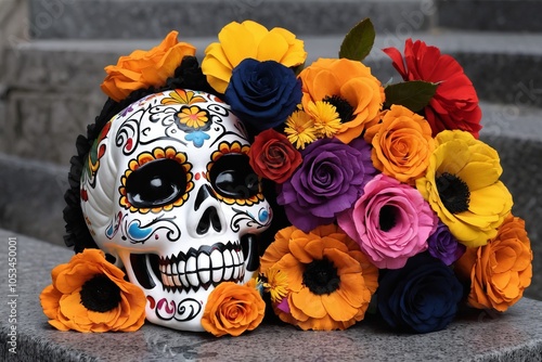 Día de Muertos, decorations of skull and flowers vibrant background photo