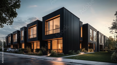 Stylish black modular homes designed for private living.