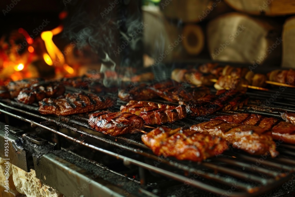 Barbecue grill with various kinds of meat cooking on a hot flaming grill Barbecue grill with various kinds of meat cooking on a hot flaming grill