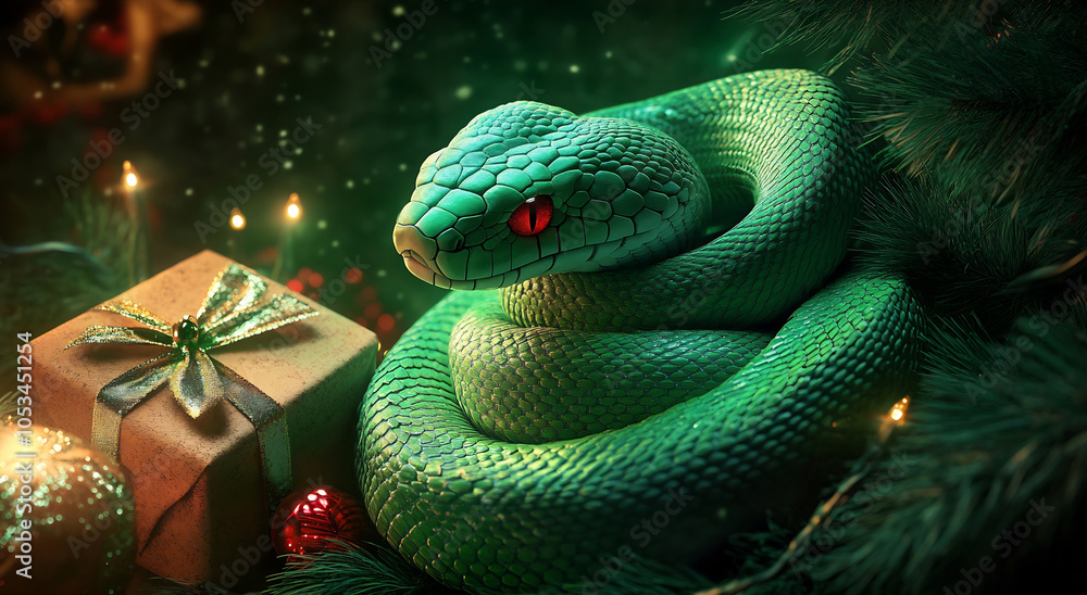 Fototapeta premium A green snake curled around a gift under a Christmas tree with glowing decorations and a festive atmosphere