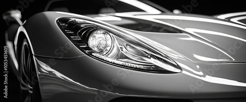 Modern car headlight close-up. Black luxury car on black background