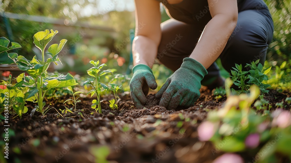Fototapeta premium Gardener planting seedlings in lush garden bed with sunlit foliage