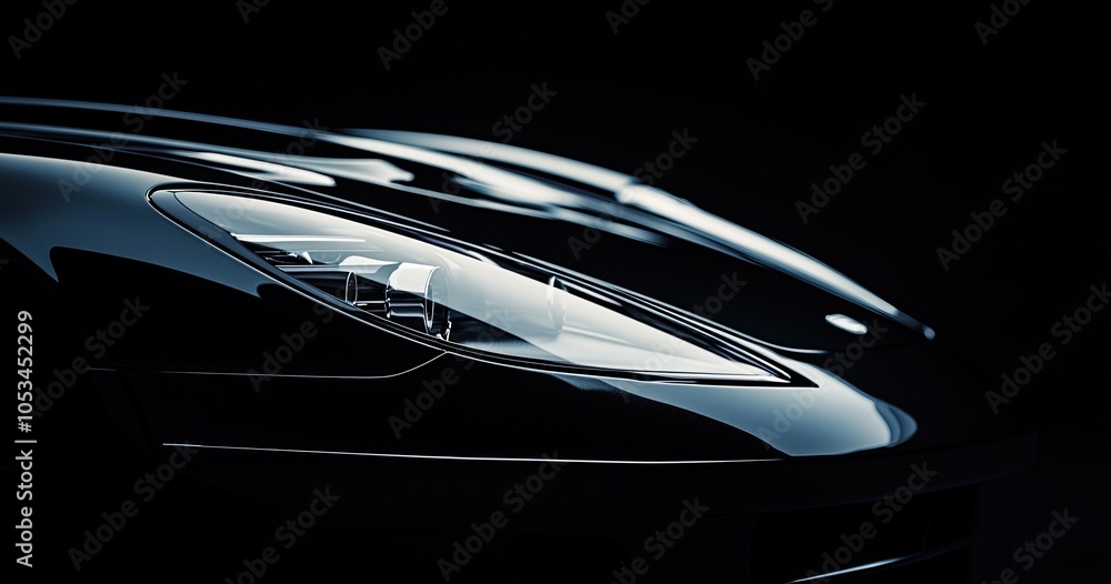 Close-up image of a black sports car on the black background Close-up image of a black sports car on the black background