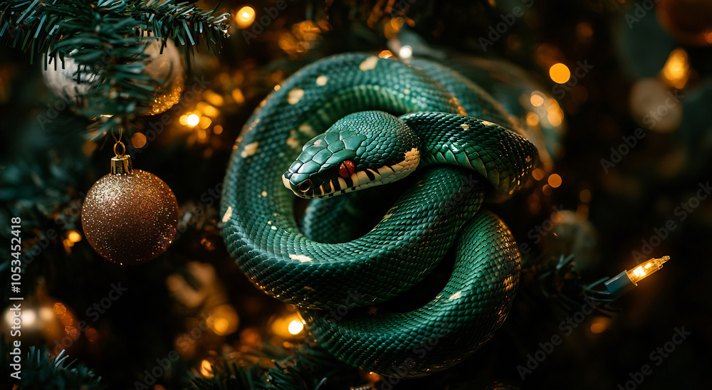 A green snake curled around a decorated Christmas tree during the festive season, showcasing holiday ornaments and lights A green snake curled around a decorated Christmas tree during the festive season, showcasing holiday ornaments and lights