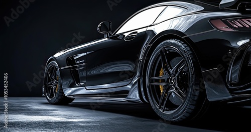 Close-up image of a black sports car on the black background