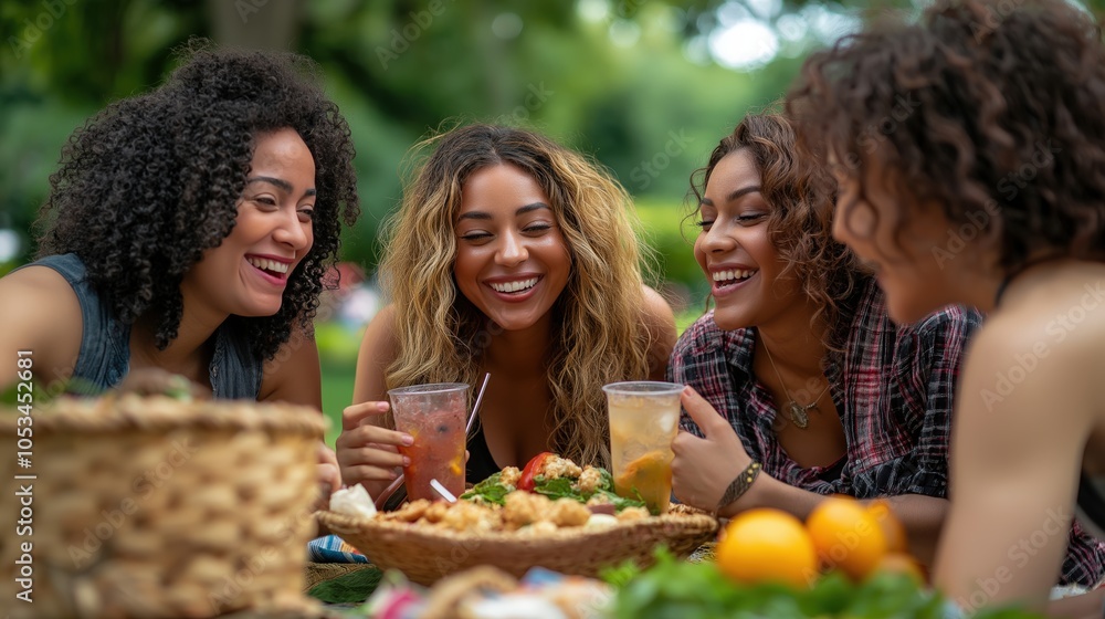 Group of friends enjoying picnic with refreshments and laughter in a park setting Group of friends enjoying picnic with refreshments and laughter in a park setting