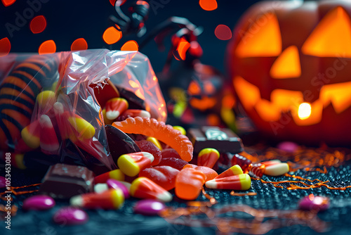 Close-up of colorful Halloween candy spilling from trick-or-treat bag on dark background