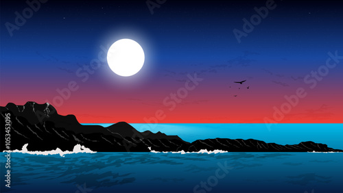 a serene nighttime seascape. A large, full moon illuminates the dark sky and casts its glow upon the calm ocean, Silhouetted against the moonlit horizon 