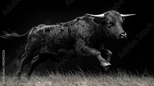 A black bull runs through the grass in the early morning