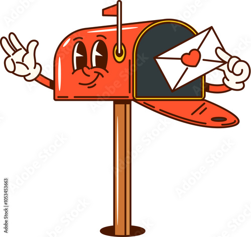 Groovy valentine mailbox postbox character holding a love letter expressing affection, or postal service work. Isolated cartoon vector red mailbox, delivering warm feelings of love and communication