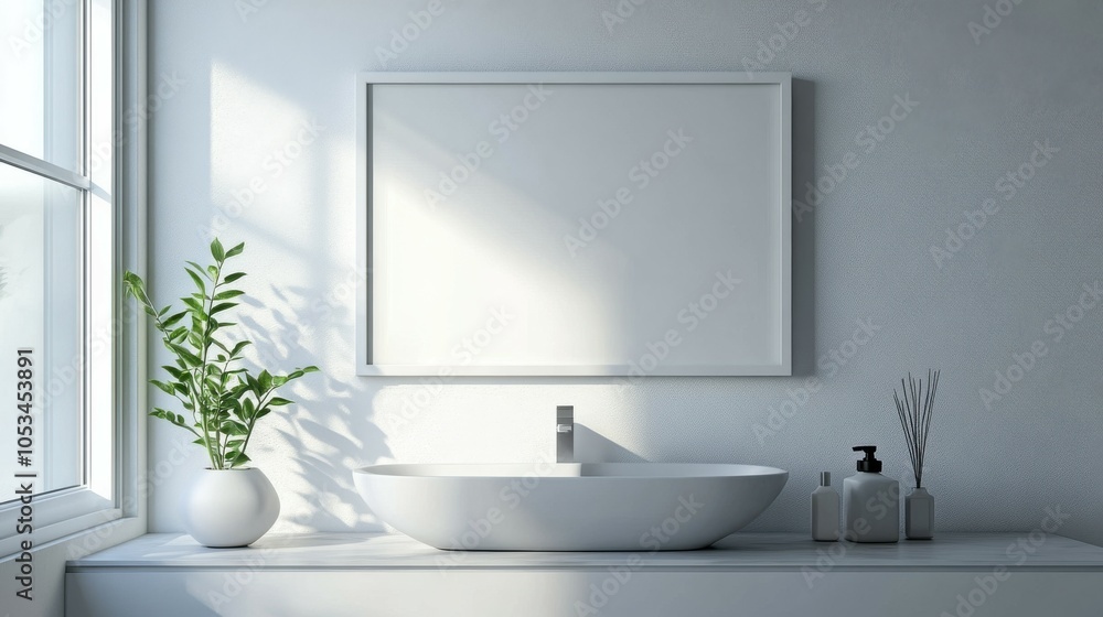 Fototapeta premium Modern bathroom with an empty frame above the sink
