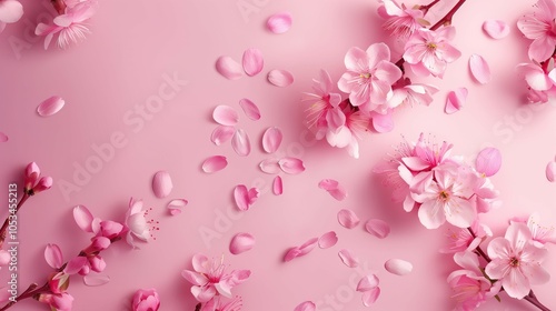 Blossoming Cherry Blossom Petals on Pink Background